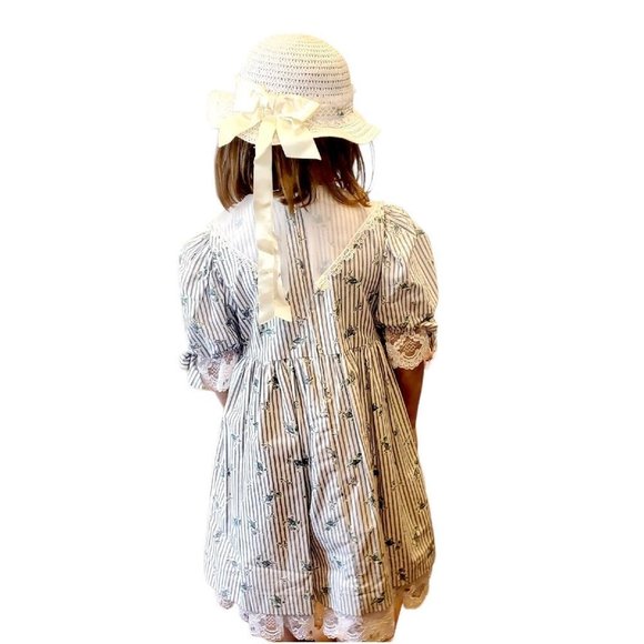 Vintage 90s Girls White Blue Floral Striped Bib Collar Party Dress w Hat Sz 5 - Picture 7 of 14